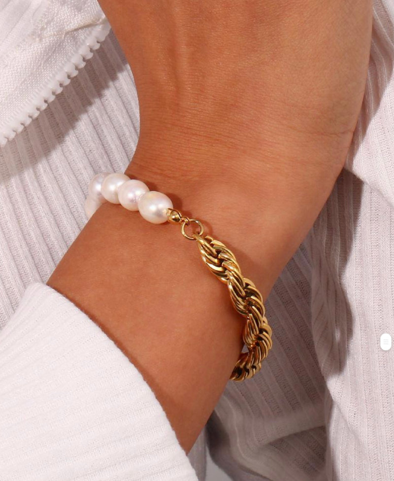 Twisted Gold Chain with Freshwater Pearl Bracelet & Necklace