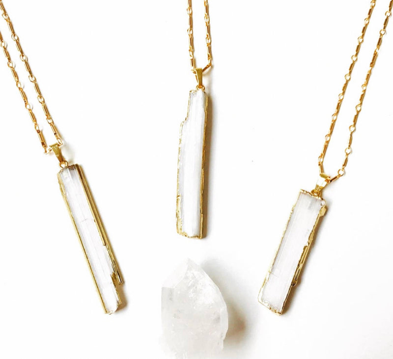 Selenite Crystal Pendant Necklace with White Sage Smudge Stick