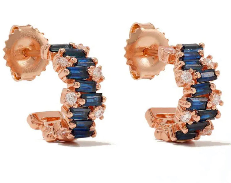 Baguette Sapphire Studded Half Mini Hoop Earrings